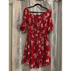 Red floral off the shoulder ruffled Dress
